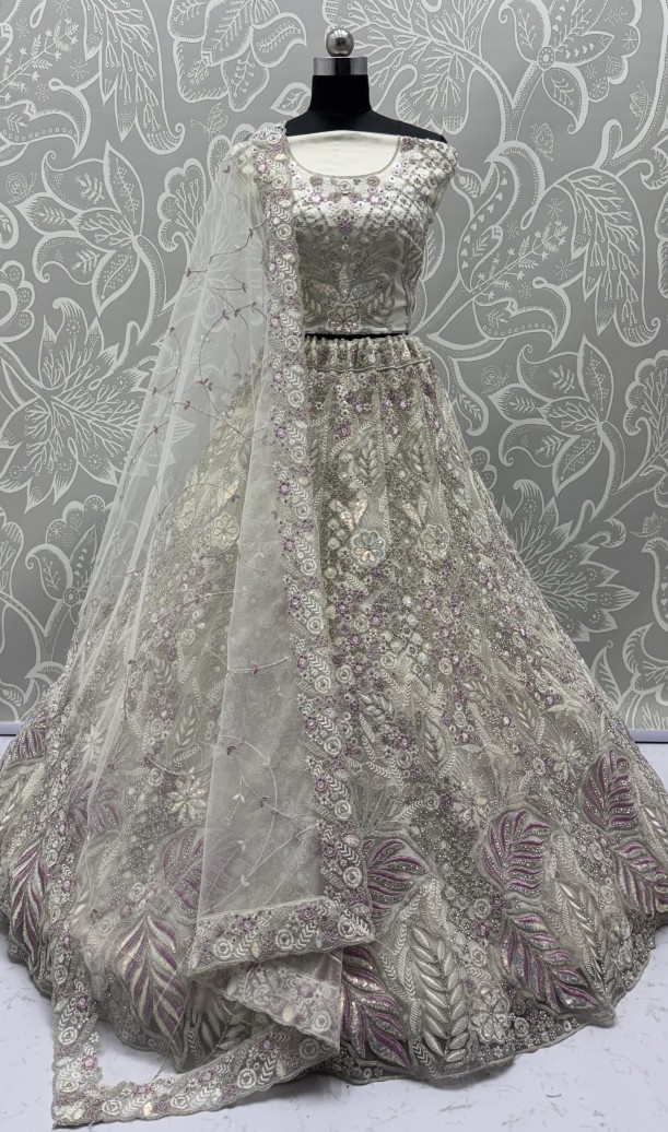 White Net Diamond, Dori, Embroidered, Fancy, Multi, Sequins, Thread and Zircon Work A - Line Lehenga Choli for Ceremonial